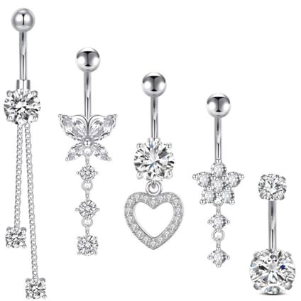 5 pezzi Anello con Ombelico Argento Top Zirconia 316L Acciaio Chirurgico 14G Ombelico Bar Gioielli Piercing, Piercing ombelico, ombelico Piercing in acciaio chirurgico cuore farfalla ombelico gioielli