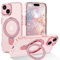YINLAI für iPhone 15 Hülle Kompatibel mit magsafe,HandyHülle iPhone 15 mit Ringhalter Ständer Kabellos Leicht Dünn TPU Bumper PC Schale Cover Case Hülle für iPhone 15 6.1 Zoll,Glitzer Rosa