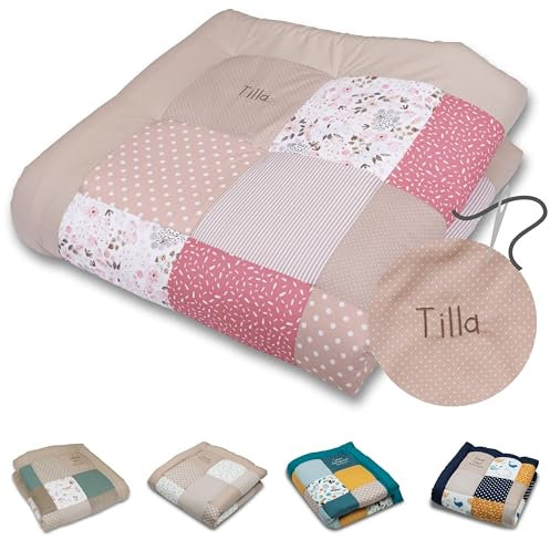 ULLENBOOM Krabbeldecke für Baby mit Personalisierung, 100% OEKO-TEX Materialien, Rosa Blüten 120x120 cm - Babydecke mit Namen und Datum, ideal als Spieldecke und personalisiertes Geschenk zur Geburt