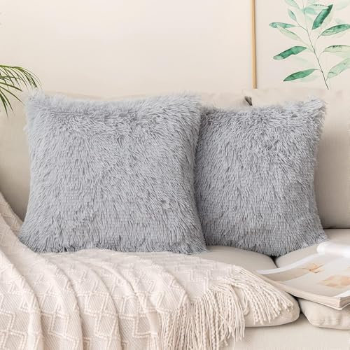 DJDEA Kissenbezüge 2er Set - Kuschelkissen Flauschig Kissen 50x50 Bezug - Künstlich Pelz Sofakissen - Dekorative Dekokissen - Kissen Flauschig Kissenbezug für Sofa 50x50 cm (Grau, 50 x 50cm)