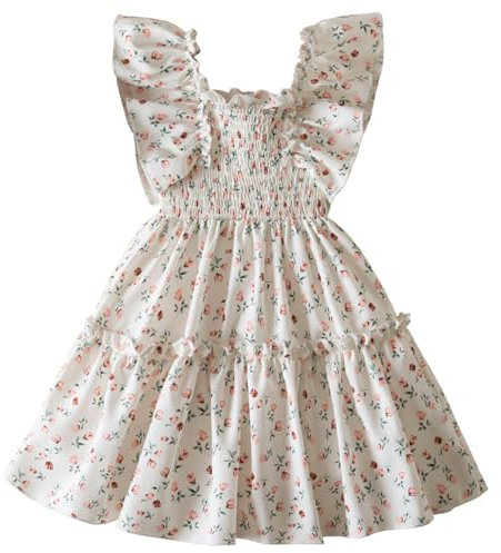 Generisch Mädchenkleid Sommerkleid mit quadratischem Ausschnitt und fliegenden Ärmeln, Mädchen-Festivalkleid mit Blumenmuster, bequemes Freizeitkleid Adventskalender Bücher Mädchen (White, 6-7 Years)