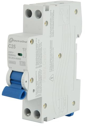Electraline 87004 Disjoncteur 25A, courbe C (protection optimale contre les surintensités et les courts-circuits), 1P+N, 4.5kA, 240V, certifié CE, KEMA-KEUR et UKCA