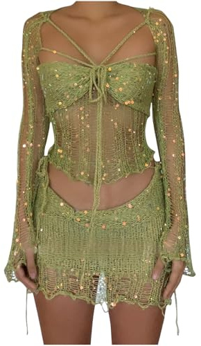EMATOP Festival Outfit Damen Party Zweiteiler Pailletten Rock und Gehäkelte Oberteile Set 2-Teilige Ausgehöhltes Crop Tops mit Bodycon Minirock Streetwear Glitzer Abendparty Outfits Y2K Kleidung