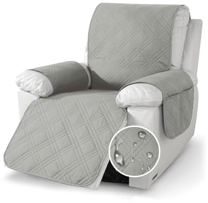 YushengTai Sesselschoner, Sesselschoner für Relaxsessel 100% Wasserdicht, Anti-Slip 1 Sitzer, Maschinenwaschbar sesselschoner für Fernsehsessel mit 4 Taschen, 2 Verstellbaren Riemen (Hellgrau)