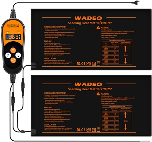 WADEO Termostatreglerad värmematta för växter 50W – 2 st mattor med 1 regulator. Automatisk värmematta för groddar och plantor med timer, perfekt för inomhusväxthus och frögroddning. Mått: 53 x 25 cm