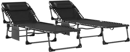 Outsunny Set de 2 Tumbonas Jardín Exterior Plegables Reposacabezas Negro | Bolsillo Lateral, Respaldo Reclinable 5 Posiciones, Asiento de Malla Transpirable, Playa, Piscina