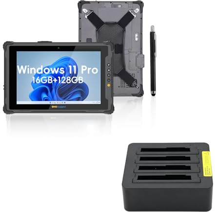 ONERugged Rugged Tablet M10A, 10,1 Zoll Windows 11 Pro Robustes Tablet, 16GB+128GB, Intel i7-1255U, 5000mAh+860mAh Doppelbatterien, IP65 Wasserdicht, 4G LTE, Enthält eine 4-Port-Ladestation.