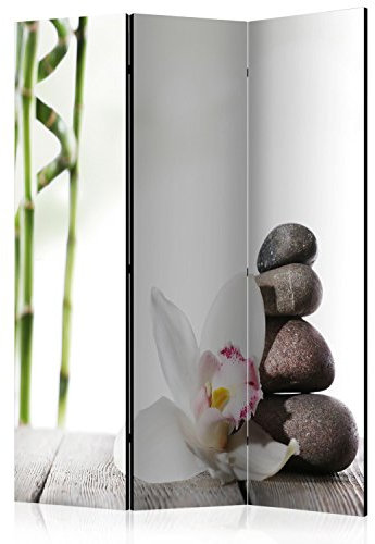 RAUMTEILER/PARAVENT B&D XXL - Paravent Raumteiler Innen Spa Zen Bambus Orchidee Blumen 135x172 cm 3-teilig Einseitig Raumtrenner Raum Trennwand Holz Room Divider Spanische Wand schwarz weiß