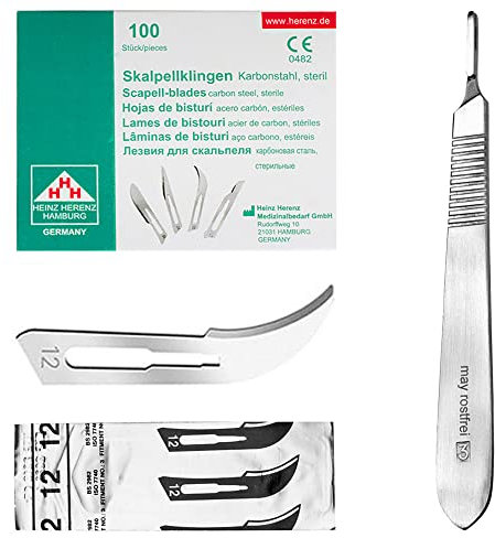 Set - 100 Stück Skalpellklingen Figur 12 aus Karbonstahl - Ersatzklingen einzeln steril verpackt + 1 x May - Skalpell-Halter - Edelstahl
