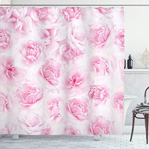 ABAKUHAUS Rose Duschvorhang, Blumengarten Victorian, Stoffliches Gewebe Badezimmerdekorationsset mit Haken, 175 x 180 cm, Soft Pink