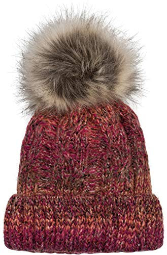 styleBREAKER Damen Strick Bommelmütze mit Zopfmuster Verlauf, Pailletten und Fleece Futter, Winter Fellbommel Mütze 04024170, Farbe:Pink-Orange