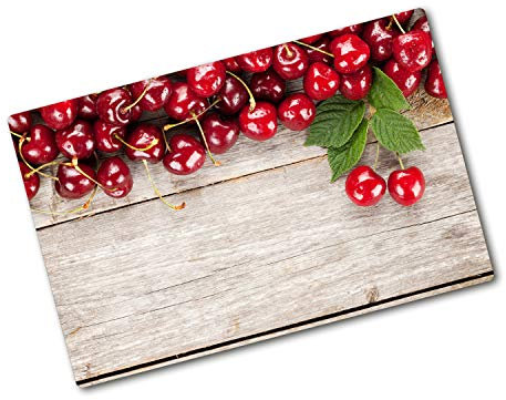 Küchenbrett Glas 80x52 cm Hitzebeständig Gehärtetes Glas Rutschfest Silikonfüße Plastikfrei Lebensmittelecht Dünn Glasplatte Antibakteriell Dekorativ für die Küche - Kirschen auf Holz