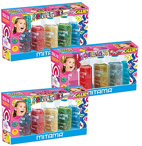 Mitama - Colla Glitter Multicolore Mitama, a rilievo, 37.5 ml, Colori Assortiti, Scatola da 5 pezzi