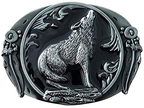 Western-Gürtelschnalle, Herren, modisch, cool, Retro, Western-Cowboy, Wolfsblatt-Gürtelschnallen, schwarze Emaille, grauer Ton, Zinklegierung, Zinnfarbe mit Wolf, 8,9 cm, Gewicht 61 g.