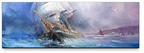 Eau Zone Leinwandbild auf Echtholzrahmen Gemälde mit Segelschiff 120x40cm