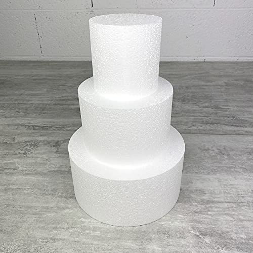 Lealoo Petite pièce montée Haut. 30 cm en polystyrène, Base Ø 20cm à 10cm, 3 disques de 10cm de Haut, pour gâteau Styropor, 3 étages