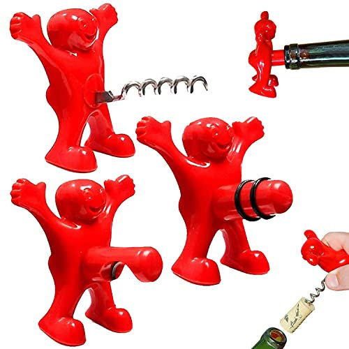 Apribottiglie Divertenti, 3 Pezzi Apribottiglie da Uomo Rosso, A-pribottiglie di Vino, A-pribottiglie Uomo Rosso, A-pribottiglie di Birra, Tappo per Bottiglia di Vino per Casa Regalo Natale