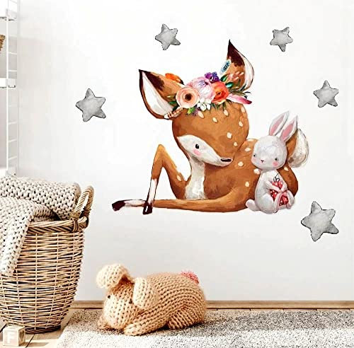 WandSticker4U®- Aquarell Wandtattoo REH und HASE I Wandbild: 58x48 cm I Baby Wandsticker Kinderzimmer Deko Wald-Tiere Sterne I Wand Aufkleber Babyzimmer Mädchen & Junge