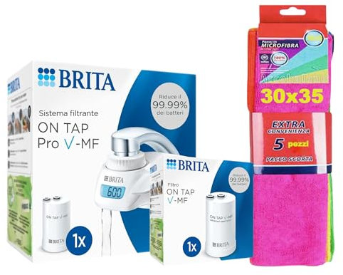 Brita Kit Completo : 1 Sistema Filtrante On Tap (con incluso 1 Filtro)+ 1 Filtro di Ricambio + 5 panni Microfibra