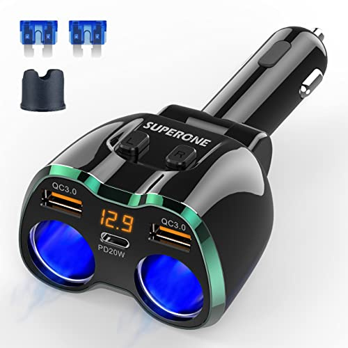 SUPERONE [2023 Upgraded] Cigarette Lighter Splitter, 180W 2-Socket Cigarette Lighter Adapter with Dual QC3.0 and 20W PD USB C Car Charger Splitter for GPS/Dash Cam/Laptop/iPad/iPhone 15/14/13/12/11