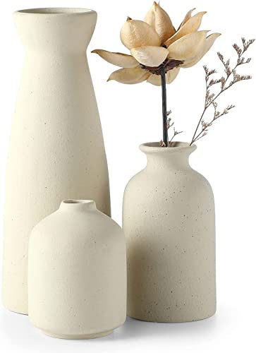CEMABT Beige Ceramic vase Set-3 Small Flower vases for Decor,Modern Boho Farmhouse Home Decor,Decorative vase for Pampas Grass&Dried Flowers,idea Shelf,Table,Bookshelf ,Entryway- Distressed