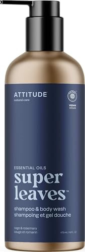 ATTITUDE 2-in-1 Body Wash und Haarshampoo mit ätherischen Ölen, EWG-geprüft, dermatologisch getestet, mit natürlich gewonnenen Inhaltsstoffen, vegan, nachfüllbare Flasche, Salbei und Rosmarin, 473 ml