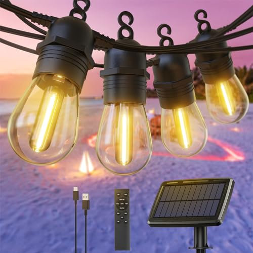 GlobaLink 15+1 LED 17M Catena Luminosa Esterno con Telecomando Dimmerabile, IP65 Cavo Solare per Esterni, Metodo di ricarica USB/Solar, 4 Modalità, di Luce LED per Giardino, Balcone, Terrazza