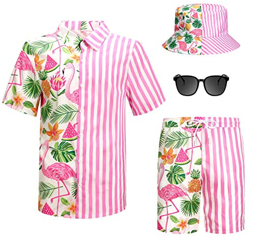 Harloon 4-teiliges Sommer-Halloween-Hawaii-Hemd und Kurz-Set für Herren, Strand-Outfit, Flamingo-Druck, tropischer Anzug, Fischerhut, Sonnenbrille, Flamingo, Medium Größe
