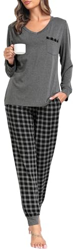 Sopesil Pigiama Donna Lungo Invernale Pigiami Due Pezzi da Donna Caldo Manica Lunga e Pantaloni a Quadri Sleepwear Accogliente con Tasche e Coulisse,S-XXL