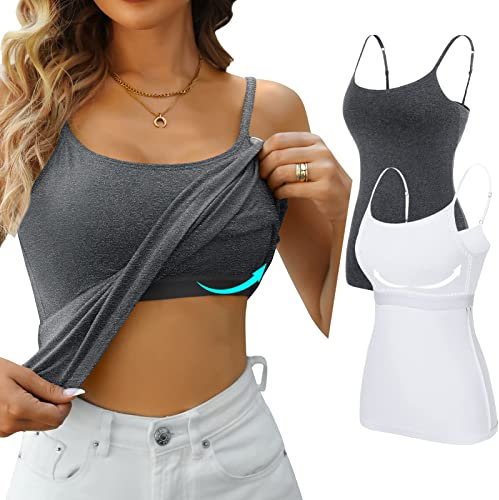 V FOR CITY Vest Top with Built in Bra Womens Camisole Top Cotton Tank Tops with Shelf Bra Adjustable White M