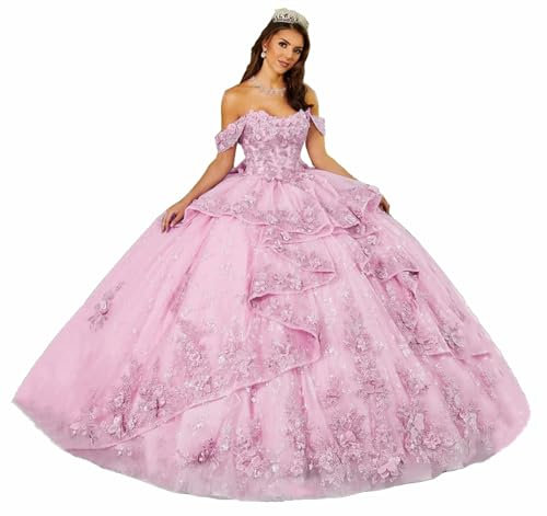 TSxuelian Robe de bal en dentelle à épaules dénudées pour femme, robe de Quinceanera avec perles et volants, rose clair, 36