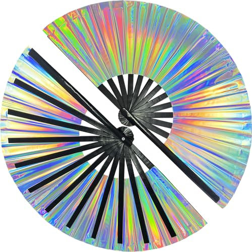 Silver Laser Colors Hand Fan,Clack Handheld Fan,Large Folding Hand Rave Fan for Festivals,Halloween,Rainbow Outfits,Disco Party,Burlesque,Drag Queen for Rave Accessories and Home Decoration