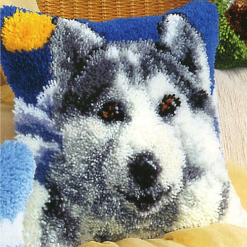 GUEETRYI 3D-Tier-Knüpfkissen-Set, Stricksets, Kissen, Teppichherstellungs-Set für Anfänger, Erwachsene oder Kinder, Knüpfhaken-Set, 40 x 40 cm (Wolf)