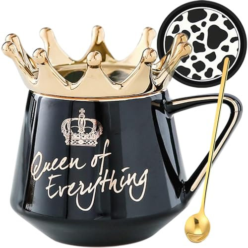 Arawat Queen of Everything Tasse mit Deckel Schwarz Krone Queen Elizabeth Tasse Geschenk 350 ml Tasse Geburtstagsgeschenk zum 20 30 40 50 60 70 80 90 Frauen Geschenk für Freundin Mädchen Mama Oma