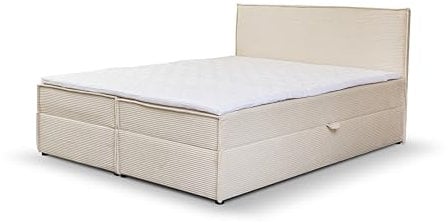 VENASI MÖBEL Gloria Boxspringbett mit Bettkästen H2/H3 Matratze und Topper Cord-Stoff (Beige, 160 x 200 cm)