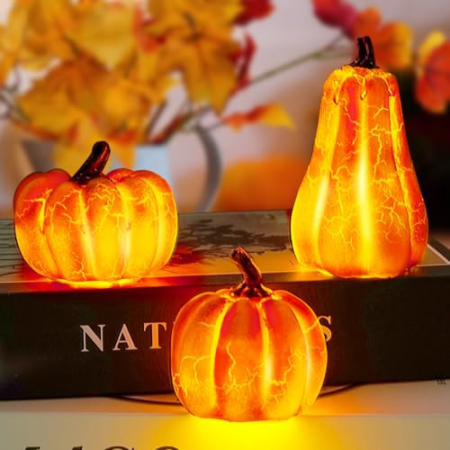 Meleager Herbstdeko Kürbis Deko mit LED Lichter,3 Stück Halloween deko kürbis,Herbstdeko led kürbis,Kürbis deko Figuren Fur Herbst Tischdeko,Halloween,Thanksgiving,Garten Party Deko,Festival Deko