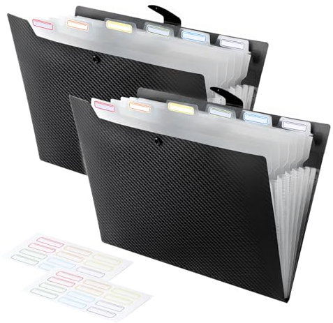 FRETONBA Fächermappe A4 mit 7 Fächer, 2er Dokumentenmappe, Schnellhefter A4 Plastik Stabil Gestaltung des Etiketts, Ringbuch Knopfdesign Verhindert Streuung, Register für Ordner, Schwarz