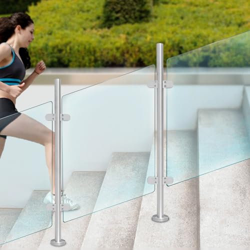 Barandilla de vidrio, poste cuadrado de acero inoxidable con abrazadera para balaustrada, valla, balcón, escalera, interior y exterior (110 cm)