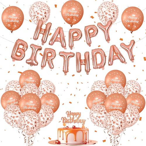 Happy Birthday Decorazioni Set - Palloncini Rosa Oro Bianco, Topper Torta, Addobbi per Compleanno Donna - Buon Compleanno