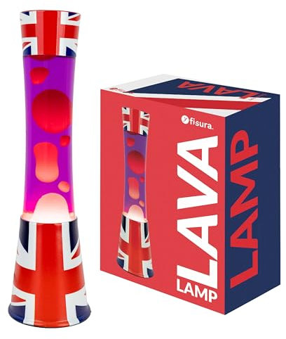 Fisura - Lavalampe UK-Flagge. Basis mit Flaggenmuster, violette Flüssigkeit und rote Lava. Beruhigender Effekt. Mit Ersatzglühbirne. 11 cm x 11 cm x 39,5 cm.