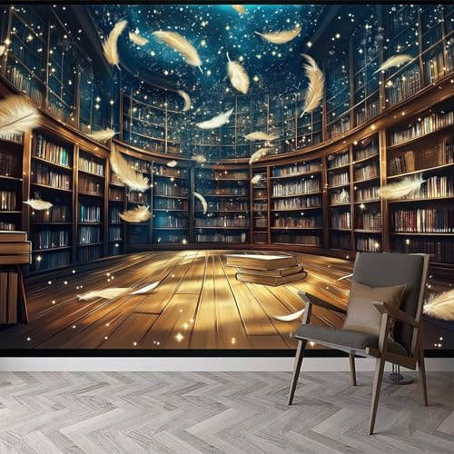 Fantasiefedern Vlies Tapeten Wandtapete, Fantasy Bibliothek Federn Wandposter Extra Große Fototapete für Wohnzimmer & Schlafzimmer, 300x210cm Moderne Wandkunst