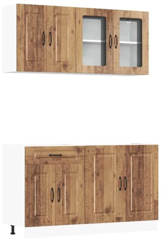 vidaXL Kalmar Kitchen Cabinet Set - 4 Pieces, Modern Design - Engineered Wood & Glass, Ample Storage, Adjustable Feet - Old Wood, Brown