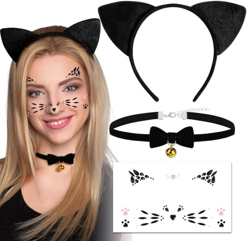 BOFUNX Serre-Tête Oreille de Chat Bandeau Cheveux Chat +Choker de Clochette Noeud Papillon Avec Autocollants De Visage Pour Adultes Enfants Décorations de Fête Carnaval