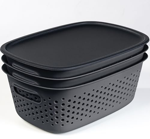 KONZEPT 3er Aufbewahrungsbox mit Deckel klein 3,5 l, Aufbewahrungskorb aus Kunststoff, Farbe schwarz