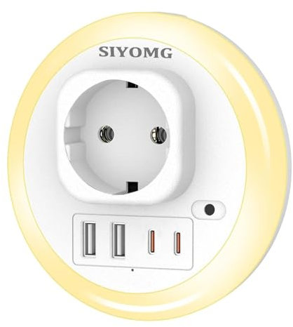 SIYOMG Luz nocturna LED con sensor crepuscular, 2 puertos USB y 2 puertos USB-C (3,6 A), 6 colores de luz ajustables, sensor de brillo automático/ON/OFF con sensor de luz