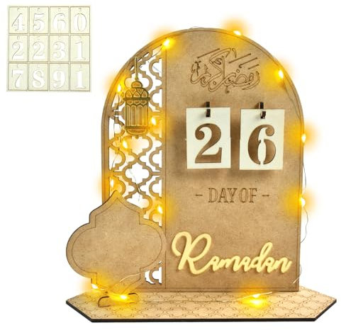 Ramadan Deko Aus Holz, LED Ramadan Kalender, Mubarak Kalender, Ramadankalender Kinder, Geeignet für Den 30-Tägigen Countdown Zum Ramadan, Eid-Dekoration/A