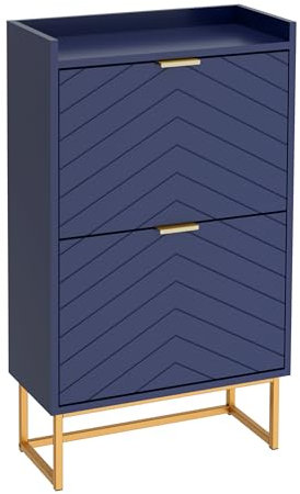 UEV Schuhschrank mit 2 Klappen Schmal, Schuhkipper für Flur Wohnzimmer, Schuhkommode mit Kippschutz, Schuhaufbewahrung, Verstellbare Trennwände für Verschiedene Schuhtypen, 50x24x103,5cm, blau