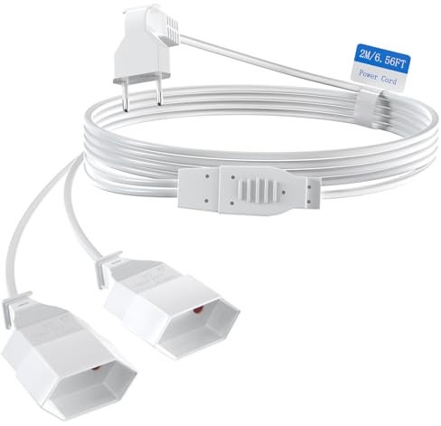 Verlängerungskabel 2-Fach Eurostecker, Euro Verlängerung 2M Netzkabel, 2-in-1 Stromkabel Dreifach Typ-C-Stecker, 0,75 mm² Max.2,5A/250V für TV PC Computer Monitor Beamer Lampe, Weiß