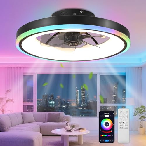 TYJY Deckenventilator mit Beleuchtung, 60W Leiser LED Deckenleuchte Mit Ventilator und Fernbedienung APP, 50cm Lampe mit Ventilator Dimmbar (3000K-6500K-RGB), Timer, 6 Windstufen, Schwarz
