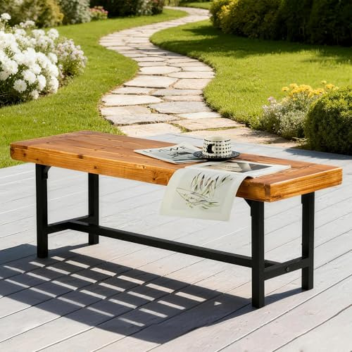 Mingone Gartenbank Wetterfest Holzbank für 2 Personen 2 Sitzer Bank Holz für Balkon Garten Terrasse Parkbank aus Massivholz Metall Schwarz